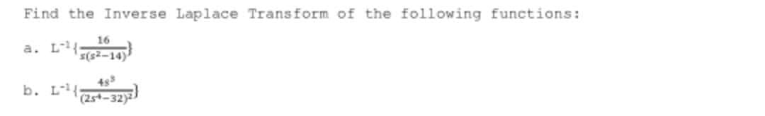 Find the Inverse Laplace Transform of the following functions:
16
a. L
s(s2-14)
483
