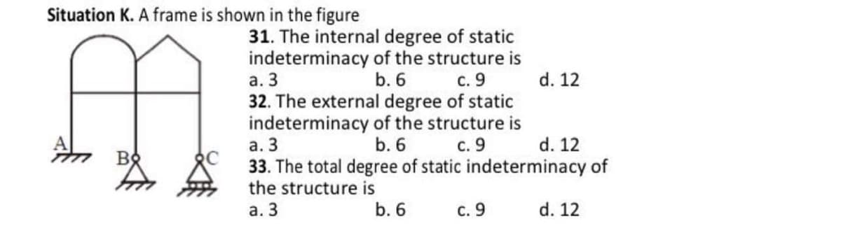 Situation K. A frame is shown in the figure
31. The internal degree of static
indeterminacy of the structure is
а. 3
b. 6
с. 9
d. 12
32. The external degree of static
indeterminacy of the structure is
а. 3
33. The total degree of static indeterminacy of
the structure is
b. 6
с. 9
d. 12
B
а. 3
b. 6
с. 9
d. 12
