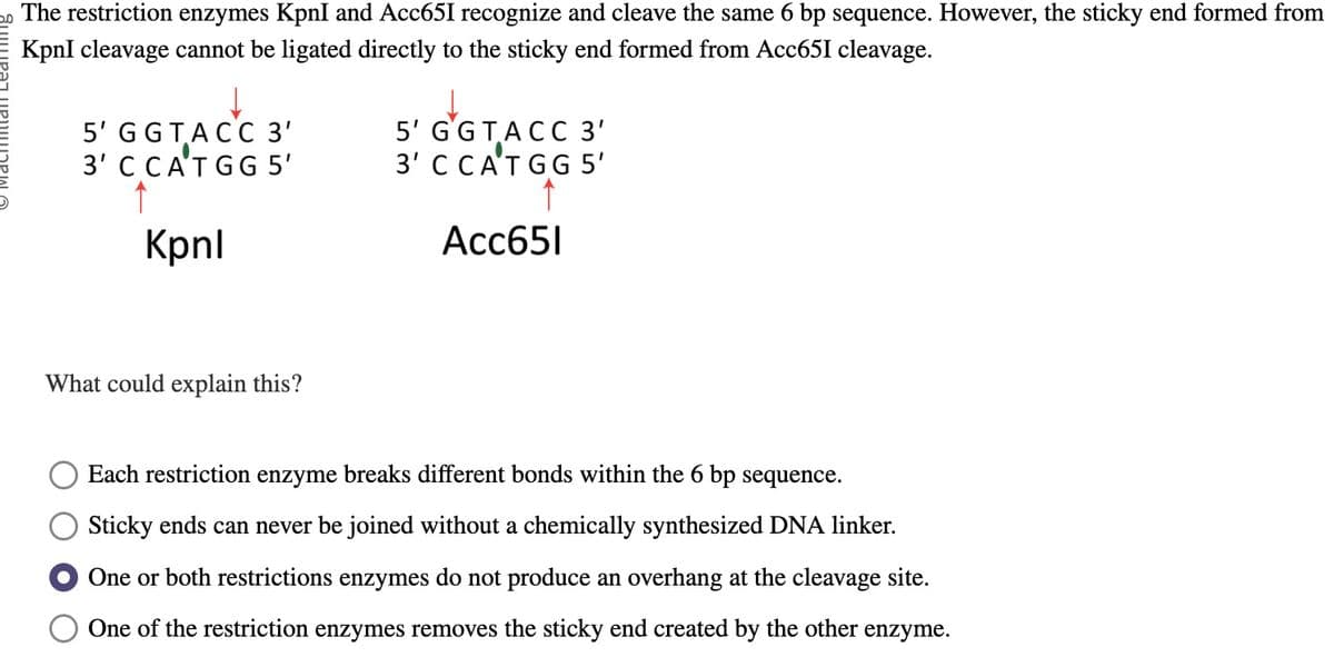 The restriction enzymes KpnI and Acc65I recognize and cleave the same 6 bp sequence. However, the sticky end formed from
KpnI cleavage cannot be ligated directly to the sticky end formed from Acc651 cleavage.
5' GGTACC 3'
3' C CAT GG 5'
↑
Kpnl
What could explain this?
5' GGTACC 3'
3' C CATGG 5'
Acc651
Each restriction enzyme breaks different bonds within the 6 bp sequence.
Sticky ends can never be joined without a chemically synthesized DNA linker.
One or both restrictions enzymes do not produce an overhang at the cleavage site.
One of the restriction enzymes removes the sticky end created by the other enzyme.