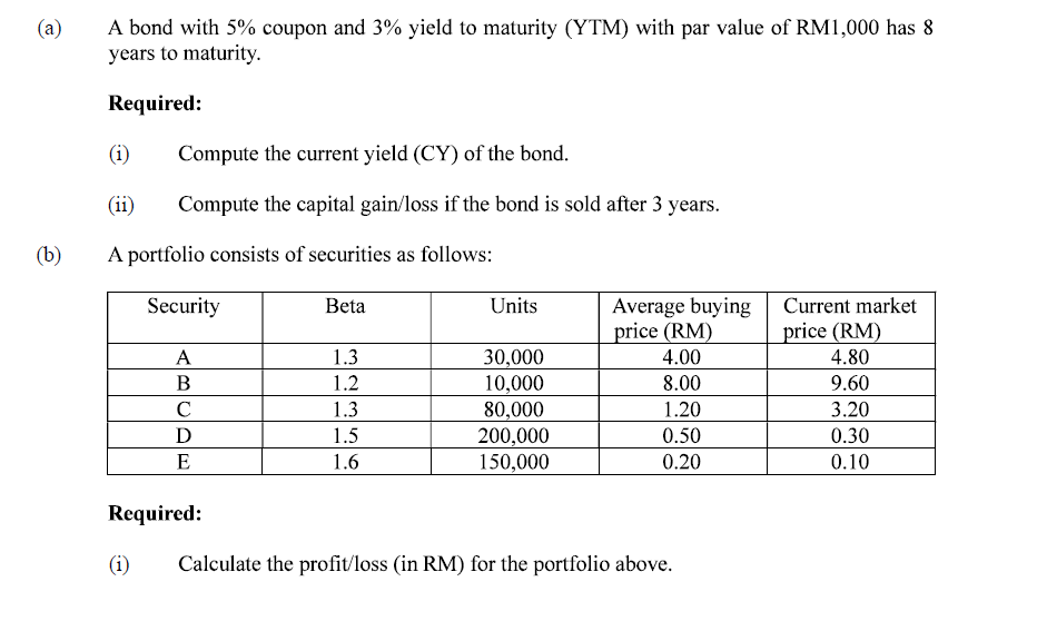 A bond with 5% coupon and 3% yield to maturity (YTM) with par value of RM1,000 has 8
years to maturity.
(a)
Required:
(i)
Compute the current yield (CY) of the bond.
(ii)
Compute the capital gain/loss if the bond is sold after 3 years.
(b)
A portfolio consists of securities as follows:
Average buying
price (RM)
Security
Beta
Units
Current market
price (RM)
A
1.3
30,000
10,000
80,000
200,000
150,000
4.00
4.80
В
1.2
8.00
9.60
C
1.3
1.20
3.20
D
1.5
0.50
0.30
E
1.6
0.20
0.10
Required:
(i)
Calculate the profit/loss (in RM) for the portfolio above.
