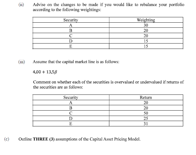 Advise on the changes to be made if you would like to rebalance your portfolio
according to the following weightings:
Security
A
Weighting
30
B
20
C
20
D
15
E
15
(111)
Assume that the capital market line is as follows:
4,00 + 13,56
Comment on whether each of the securities is overvalued or undervalued if returns of
the securities are as follows:
Security
Return
A
20
B
20
C
50
D
25
E
31
(c)
Outline THREE (3) assumptions of the Capital Asset Pricing Model.
