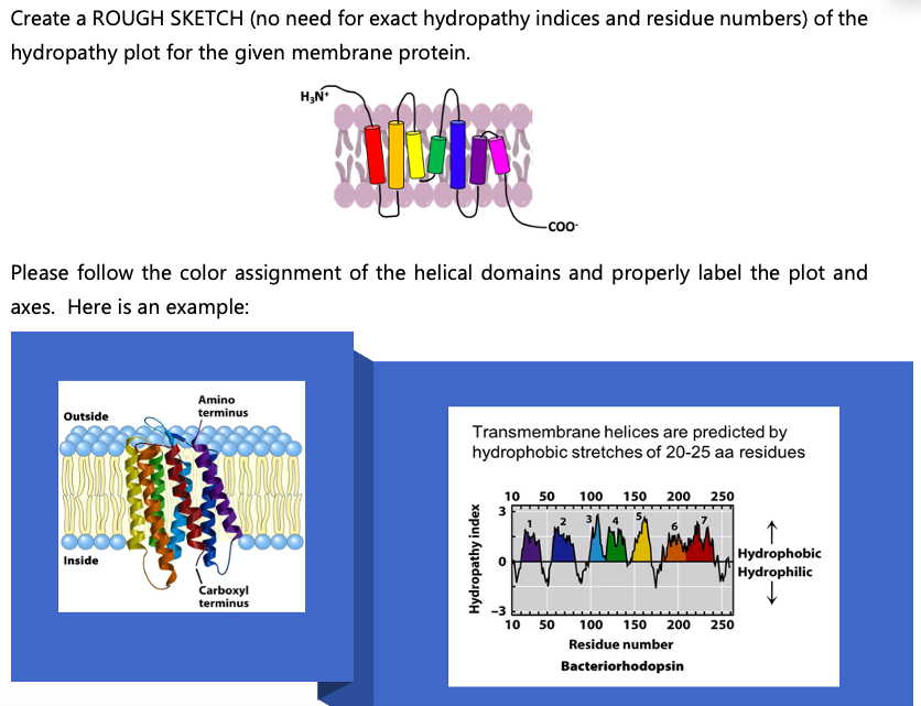 Create a ROUGH SKETCH (no need for exact hydropathy indices and residue numbers) of the
hydropathy plot for the given membrane protein.
-coo
Please follow the color assignment of the helical domains and properly label the plot and
axes. Here is an example:
Amino
Outside
terminus
Transmembrane helices are predicted by
hydrophobic stretches of 20-25 aa residues
10
50
100
150
200
250
Hydrophobic
Inside
Hydrophilic
Carboxyl
terminus
-3
10
50
100
150
200
250
Residue number
Bacteriorhodopsin
Hydropathy index
