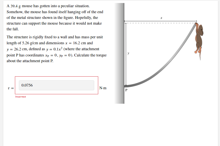 A 39.4 g mouse has gotten into a peculiar situation.
Somehow, the mouse has found itself hanging off of the end
of the metal structure shown in the figure. Hopefully, the
structure can support the mouse because it would not make
the fall.
The structure is rigidly fixed to a wall and has mass per unit
length of 5.26 g/cm and dimensions x = 16.2 cm and
y = 26.2 cm, defined as y = 0.1x? (where the attachment
point P has coordinates xp = 0, yp = 0). Calculate the torque
about the attachment point P.
0.0756
N-m
T =
P
Incorrect
