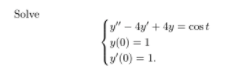 Solve
- 4y/ + 4y = cost
y(0) = 1
y(0) = 1.
%3D
