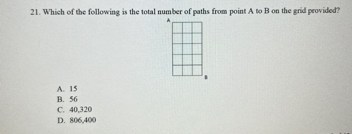21. Which of the following is the total number of paths from point A to B on the grid provided?
A
A. 15
B. 56
C. 40,320
D. 806,400
B