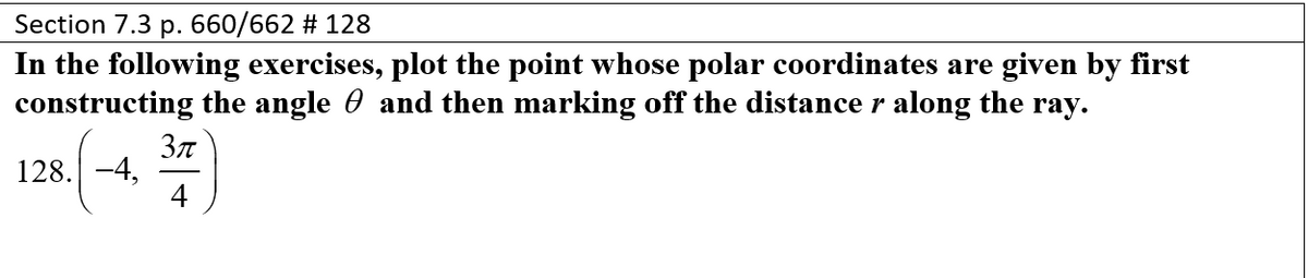 Section 7.3 p. 660/662 # 128
In the following exercises, plot the point whose polar coordinates are given by first
constructing the angle 0 and then marking off the distance r along the ray.
Зл
128. -4,
4
