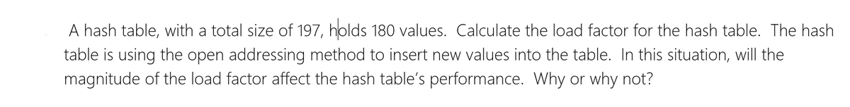 A hash table, with a total size of 197, holds 180 values. Calculate the load factor for the hash table. The hash
table is using the open addressing method to insert new values into the table. In this situation, will the
magnitude of the load factor affect the hash table's performance. Why or why not?
