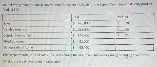 The following monthly data in contribution format are available for the Laptev Company and its only product.
Product SD:
Sales
Variable expenses
Contribution margin
Fixed expenses
Net operating income
Total
475,800
329.400
$ 146,400
81.000
65,400
Per Unit
78
54
24
$
The company produced and sold 6,000 units during the month and had no beginning or ending inventories.
What is the break-even point in sales units?