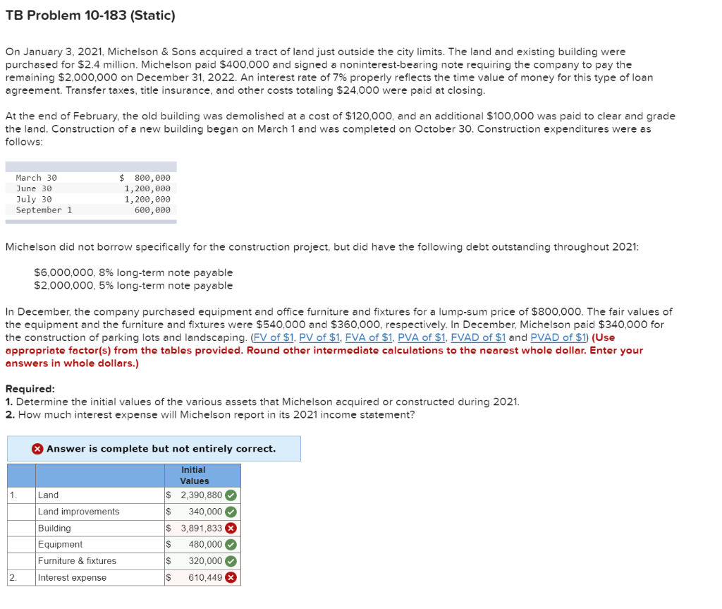 TB Problem 10-183 (Static)
On January 3, 2021, Michelson & Sons acquired a tract of land just outside the city limits. The land and existing building were
purchased for $2.4 million. Michelson paid $400,000 and signed a noninterest-bearing note requiring the company to pay the
remaining $2,000,000 on December 31, 2022. An interest rate of 7% properly reflects the time value of money for this type of loan
agreement. Transfer taxes, title insurance, and other costs totaling $24,000 were paid at closing.
At the end of February, the old building was demolished at a cost of $120,000, and an additional $100,000 was paid to clear and grade
the land. Construction of a new building began on March 1 and was completed on October 30. Construction expenditures were as
follows:
March 30
June 30
July 30
September 1
Michelson did not borrow specifically for the construction project, but did have the following debt outstanding throughout 2021:
$6,000,000, 8% long-term note payable
$2,000,000, 5% long-term note payable
$ 800,000
1,200,000
1,200,000
600,000
In December, the company purchased equipment and office furniture and fixtures for a lump-sum price of $800,000. The fair values of
the equipment and the furniture and fixtures were $540,000 and $360,000, respectively. In December, Michelson paid $340,000 for
the construction of parking lots and landscaping. (FV of $1, PV of $1, FVA of $1, PVA of $1, FVAD of $1 and PVAD of $1) (Use
appropriate factor(s) from the tables provided. Round other intermediate calculations to the nearest whole dollar. Enter your
answers in whole dollars.)
Required:
1. Determine the initial values of the various assets that Michelson acquired or constructed during 2021.
2. How much interest expense will Michelson report in its 2021 income statement?
1.
2.
> Answer is complete but not entirely correct.
Initial
Values
$ 2,390,880
$ 340,000
$ 3,891,833
S 480,000
$
320,000
$ 610,449
Land
Land improvements
Building
Equipment
Furniture & fixtures.
Interest expense
