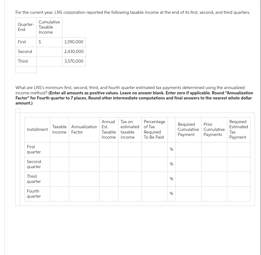 For the current year, LNS corporation reported the following taxable income at the end of its first, second, and third quarters.
Cumulative
Taxable
Income
Quarter-
End
First
Second
Third
$
Installment
First
quarter
What are LNS's minimum first, second, third, and fourth quarter estimated tax payments determined using the annualized
income method? (Enter all amounts as positive values. Leave no answer blank. Enter zero if applicable. Round "Annualization
Factor" for Fourth quarter to 7 places. Round other intermediate computations and final answers to the nearest whole dollar
amount.)
Second
quarter
Third
quarter
1,590,000
Fourth
quarter
2,430,000
3,570,000
Taxable Annualization
Income Factor
Tax on
estimated
Annual
Est.
Taxable taxable
Income income
Percentage
of Tax
Required
To Be Paid
%
%
%
%
Required Prior
Cumulative Cumulative
Payment
Payments
Required
Estimated
Tax
Payment