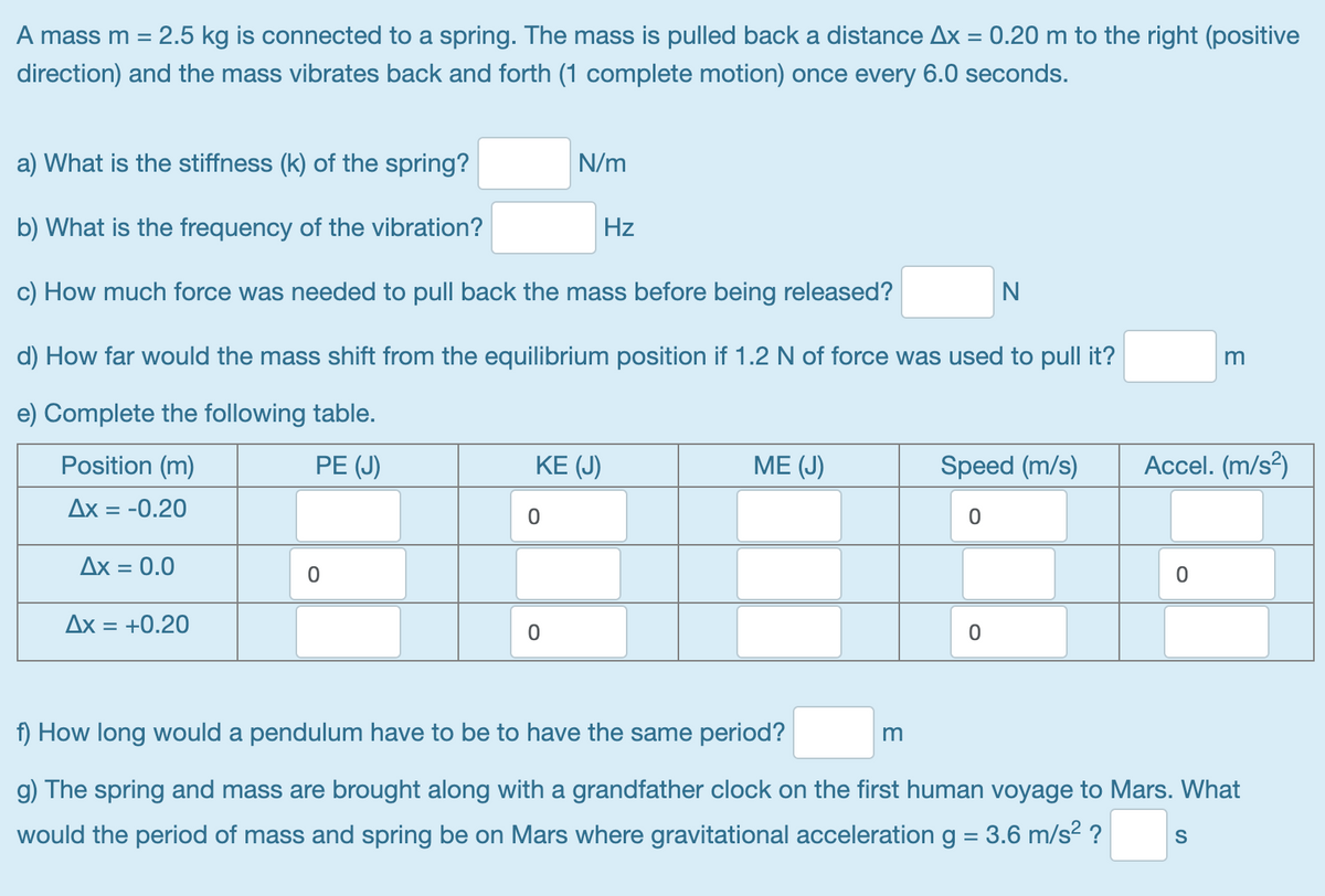 A mass m = 2.5 kg is connected to a spring. The mass is pulled back a distance Ax = 0.20 m to the right (positive
%3D
direction) and the mass vibrates back and forth (1 complete motion) once every 6.0 seconds.
a) What is the stiffness (k) of the spring?
N/m
b) What is the frequency of the vibration?
Hz
c) How much force was needed to pull back the mass before being released?
N
d) How far would the mass shift from the equilibrium position if 1.2 N of force was used to pull it?
e) Complete the following table.
Position (m)
PE (J)
KE (J)
ME (J)
Speed (m/s)
Accel. (m/s²)
Ax = -0.20
Ax = 0.0
Ax = +0.20
f) How long would a pendulum have to be to have the same period?
g) The spring and mass are brought along with a grandfather clock on the first human voyage to Mars. What
would the period of mass and spring be on Mars where gravitational acceleration g = 3.6 m/s? ?
S
