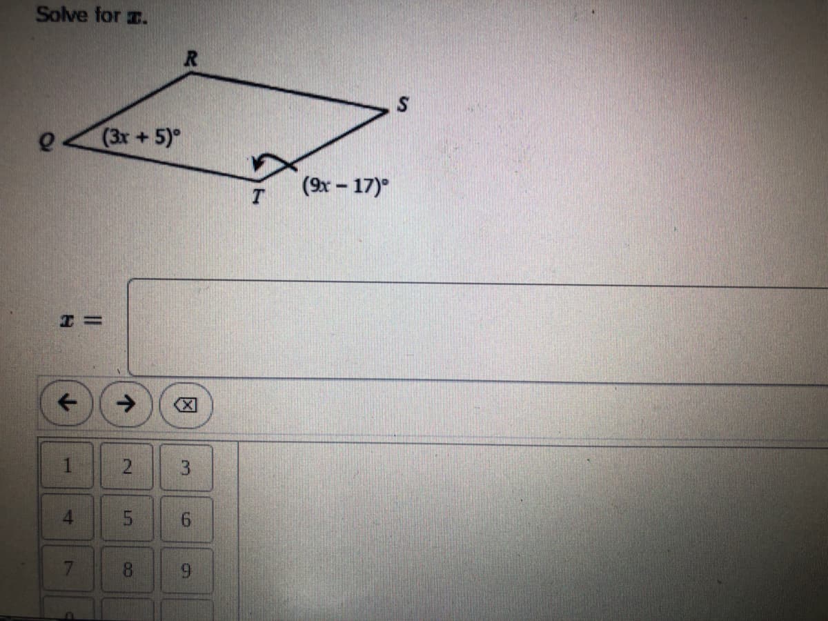 Solve for r.
(3x+5)°
(9x - 17)°
->
1.
3
4
9.
7.
8.
因
9.
21
