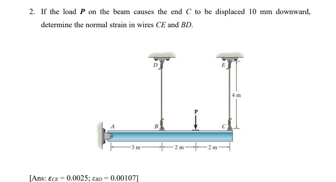 2. If the load P on the beam causes the end C to be displaced 10 mm downward,
determine the normal strain in wires CE and BD.
4 m
[Ans: ECE = 0.0025; ɛBD = 0.00107]
