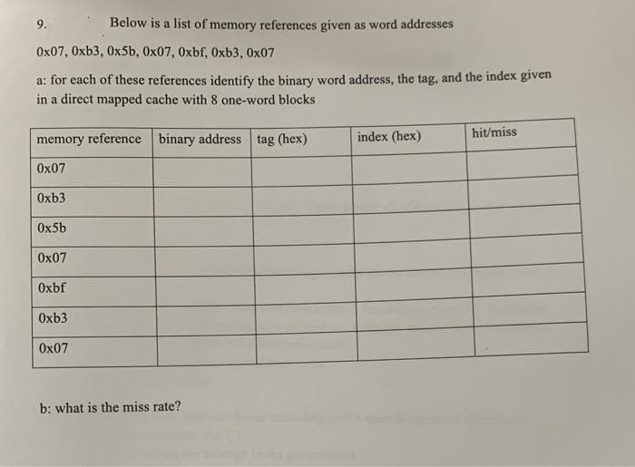 9.
Below is a list of memory references given as word addresses
0x07, 0xb3, 0x5b, 0x07, 0xbf, 0xb3, 0x07
a: for each of these references identify the binary word address, the tag, and the index given
in a direct mapped cache with 8 one-word blocks
hit/miss
memory reference binary address tag (hex)
index (hex)
Ox07
Oxb3
Ox5b
0x07
Oxbf
Oxb3
Ox07
b: what is the miss rate?

