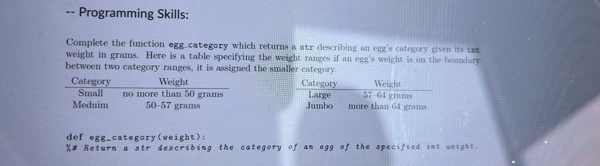 Programming Skills:
Complete the function egg_category which returns a str describing an egg's category given its int
weight in grams. Here is a table specifying the weight ranges if an egg's weight is on the boundary
between two category ranges, it is assigned the smaller category.
Category
Small
Meduim
Weight
no more than 50 grams
50-57 grams
Category
Large
Jumbo
Weight
57-64 grams
more than 64 grams
def egg_category (weight):
%# Return a str describing the category of an egg of the specified int weight.