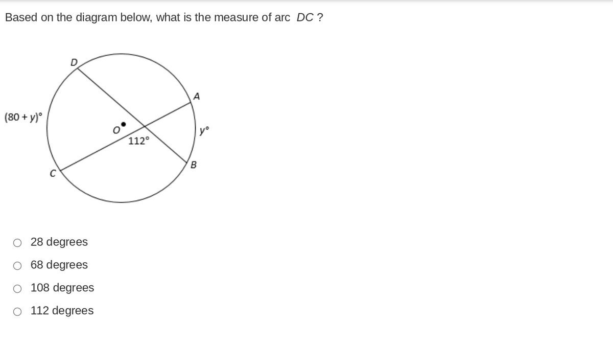 Based on the diagram below, what is the measure of arc DC ?
D
A
(80 + y)°
112°
B
O 28 degrees
68 degrees
O 108 degrees
O 112 degrees
