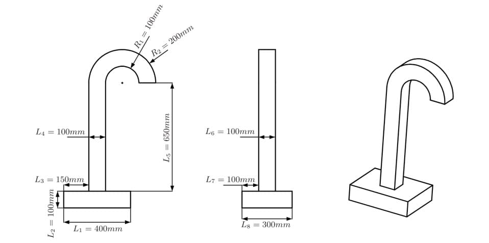 LA = 100mm
L3 = 150mm
L2 100mm ||
L₁ = 400mm
R₁ = 100mm
R2 = 200mm
L5 = 650mm
L6
= 100mm
L7 = 100mm
L8
= 300mm