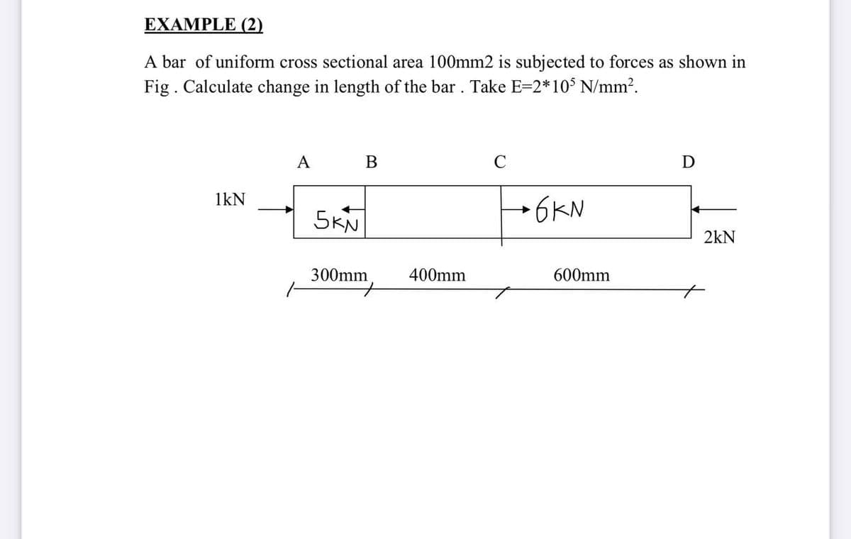 EXAMPLE (2)
A bar of uniform cross sectional area 100mm2 is subjected to forces as shown in
Fig . Calculate change in length of the bar. Take E=2*105 N/mm?.
A
C
1kN
5KN
6KN
2kN
300mm
400mm
600mm
