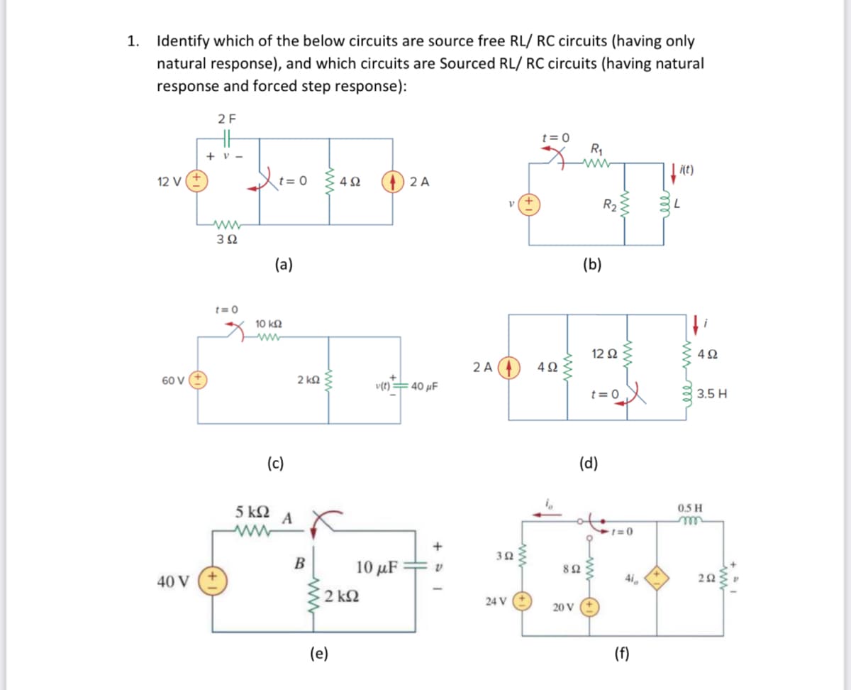 1. Identify which of the below circuits are source free RL/ RC circuits (having only
natural response), and which circuits are Sourced RL/ RC circuits (having natural
response and forced step response):
12 V (+
60 V
40 V
2 F
+ V-
Μ
3Ω
t=0
Μ
-
το
(a)
10 ΚΩ
(c)
5 ΚΩ
A
του κατα
2 ΚΩΣ
v(t) === 40 HF
B
4Ω
2 ΚΩ
(e)
2A
10 με
+
ν
2A
3Ω
24 V
(+1)
t = 0
4Ω
ww
8 Ω
20 V
w
R₁
(b)
R₂
12 Ω
τοχ
(d)
+1=0
Aig
(f)
4Ω
35Η
0,5 H
m
2Ω