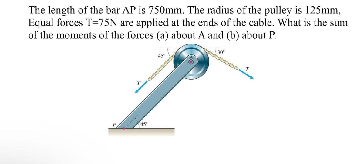 The length of the bar AP is 750mm. The radius of the pulley is 125mm,
Equal forces T=75N are applied at the ends of the cable. What is the sum
of the moments of the forces (a) about A and (b) about P.
P
T
45°
45°
30°
T