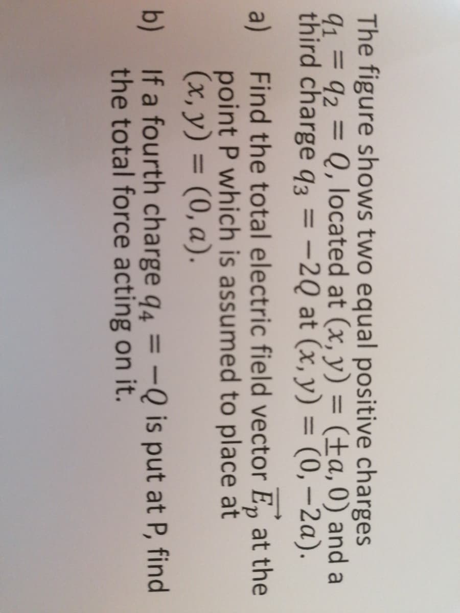 The figure shows two equal positive charges
91 = 92 = Q, located at (x, y) = (±a,0) and a
third charge q3 = -2Q at (x, y) = (0,-2a).
%3D
%3D
Find the total electric field vector E, at the
a)
point P which is assumed to place at
(x, y) = (0, a).
%3D
b) If a fourth charge q4 = -Q is put at P, find
the total force acting on it.
