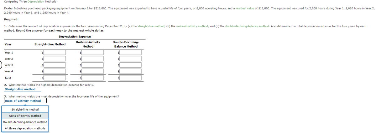 Comparing Three Depreciation Methods
Dexter Industries purchased packaging equipment on January 8 for $218,000. The equipment was expected to have a useful life of four years, or 8,000 operating hours, and a residual value of $18,000. The equipment was used for 2,800o hours during Year 1, 1,680 hours in Year 2,
2,240 hours in Year 3, and 1,280 hours in Year 4.
Required:
1. Determine the amount of depreciation expense for the four years ending December 31 by (a) the straight-line method, (b) the units-of-activity method, and (c) the double-declining-balance method. Also determine the total depreciation expense for the four years by each
method. Round the answer for each year to the nearest whole dollar.
Depreciation Expense
Units-of-Activity
Double-Declining-
Year
Straight-Line Method
Method
Balance Method
Year 1
Year 2
$
$4
Year 3
24
%24
%24
Year 4
%$4
%24
Total
2. What method yields the highest depreciation expense for Year 1?
Straight-line method
3. What method vields the most depreciation over the four-year life of the equipment?
Units-of-activity method
Straight-line method
Units-of-activity method
Double-declining-balance method
All three depreciation methods
