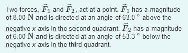 Two forces, F1 and F2, act at a point. Fi has a magnitude
of 8.00 N and is directed at an angle of 63.0 ° above the
negative x axis in the second quadrant. F2 has a magnitude
of 6.00 N and is directed at an angle of 53.3° below the
negative x axis in the third quadrant.
