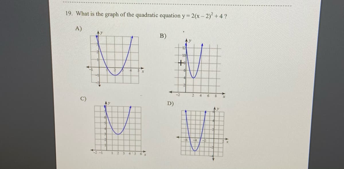 19. What is the graph of the quadratic equation y 2(x-2)+4?
A)
B)
12
2.
4
6.
D)
