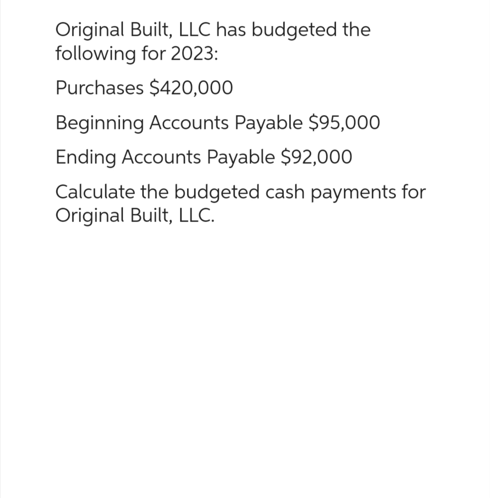 Original Built, LLC has budgeted the
following for 2023:
Purchases $420,000
Beginning Accounts Payable $95,000
Ending Accounts Payable $92,000
Calculate the budgeted cash payments for
Original Built, LLC.