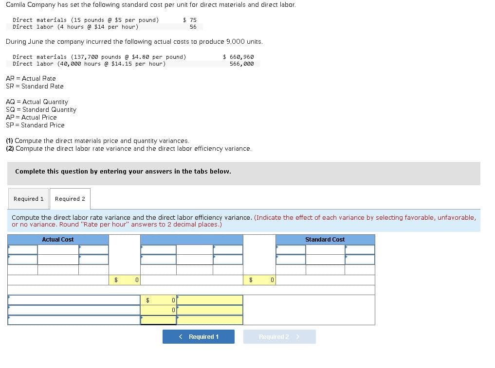 Camila Company has set the following standard cost per unit for direct materials and direct labor.
Direct materials (15 pounds @ $5 per pound)
Direct labor (4 hours @ $14 per hour)
During June the company incurred the following actual costs to produce 9,000 units.
Direct materials (137,700 pounds @ $4.80 per pound)
Direct labor (40,000 hours @ $14.15 per hour)
AR Actual Rate
SR Standard Rate
AQ Actual Quantity
SQ Standard Quantity
AP = Actual Price
SP Standard Price
(1) Compute the direct materials price and quantity variances.
(2) Compute the direct labor rate variance and the direct labor efficiency variance.
Required 1
Complete this question by entering your answers in the tabs below.
Required 2
Actual Cost
Compute the direct labor rate variance and the direct labor efficiency variance. (Indicate the effect of each variance by selecting favorable, unfavorable,
vari nce. Round "Rate per hour" answers to 2 decimal places.)
$
$75
56
0
$
$ 660,960
566,000
0
0
< Required 1
$
0
Required 2 >
Standard Cost