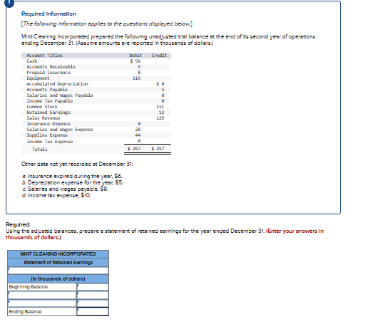 Required Information
[The following information applies to the questions displayed below]
Mint Cleaning Incorporated prepared the following unadjusted trial balance at the end of its second year of operations
ending December 31. (Assume amounts are reported in thousands of dollars.)
Account Titles
Cash
Accounts Receivable
Prepaid Insurance
Equipment
Accumulated Depreciation
Accom
Accounts Payable
P
Salaries and Mages Payable
Income
ng Tax Payable
Jika
Common Stock
Retained Earnings
Sales Re
Revenue
Insurance Expense
Salaries and Mages Expense
Supplies Expense
Income Tax Expense
Totals
MINT CLEANING INCORPORATED
Statement of Retained Earnings
Debit Credit
$ 56
Other dets not yet recorded at December 31:
a. Insurance expired during the year, $6.
b. Depreciation expense for the year, $5.
c. Salaries and wages payable, $8.
d. Income tax expense, $10.
(In thousands of dollars)
Beginning Balance
5
8
116
Ending Balance
8
ofte
28
44
$
111
Required:
Using the adjusted balances, prepare a statement of retained earnings for the year ended December 31. (Enter your answers in
thousands of dollars.)
12
129
$257 $ 257