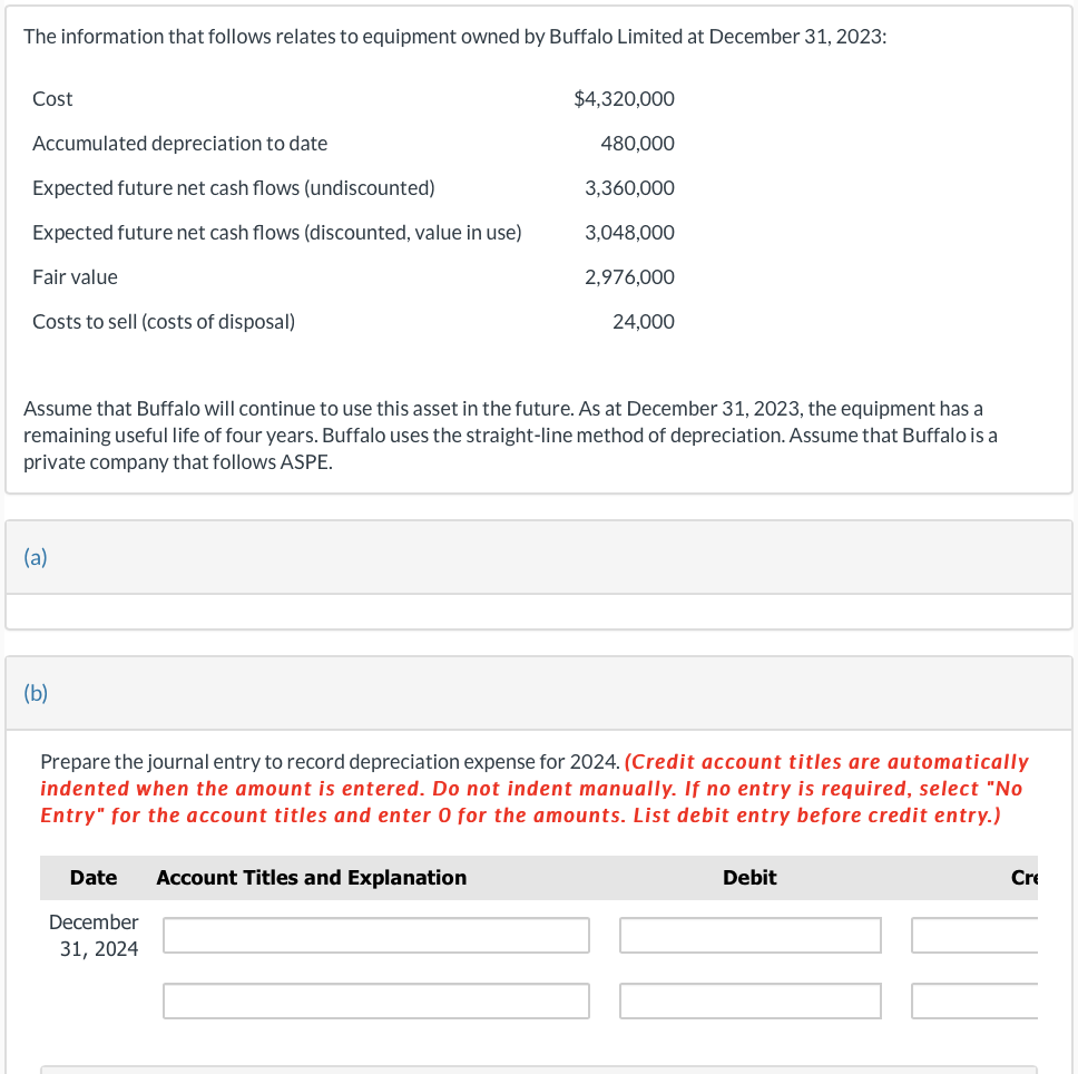 The information that follows relates to equipment owned by Buffalo Limited at December 31, 2023:
Cost
Accumulated depreciation to date
$4,320,000
480,000
Expected future net cash flows (undiscounted)
3,360,000
Expected future net cash flows (discounted, value in use)
3,048,000
Fair value
2,976,000
Costs to sell (costs of disposal)
24,000
Assume that Buffalo will continue to use this asset in the future. As at December 31, 2023, the equipment has a
remaining useful life of four years. Buffalo uses the straight-line method of depreciation. Assume that Buffalo is a
private company that follows ASPE.
(a)
(b)
Prepare the journal entry to record depreciation expense for 2024. (Credit account titles are automatically
indented when the amount is entered. Do not indent manually. If no entry is required, select "No
Entry" for the account titles and enter 0 for the amounts. List debit entry before credit entry.)
Date
Account Titles and Explanation
December
31, 2024
Debit
Cre