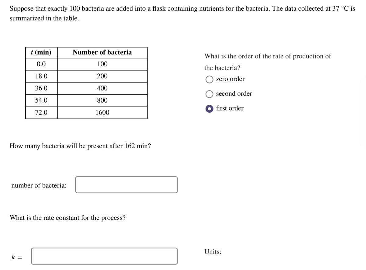 Suppose that exactly 100 bacteria are added into a flask containing nutrients for the bacteria. The data collected at 37 °C is
summarized in the table.
t (min)
0.0
18.0
36.0
54.0
72.0
How many bacteria will be present after 162 min?
number of bacteria:
Number of bacteria
100
200
400
800
1600
k =
What is the rate constant for the process?
What is the order of the rate of production of
the bacteria?
zero order
second order
first order
Units: