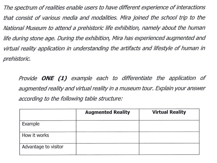 The spectrum of realities enable users to have different experience of interactions
that consist of various media and modalities. Mira joined the school trip to the
National Museum to attend a prehistoric life exhibition, namely about the human
life during stone age. During the exhibition, Mira has experienced augmented and
virtual reality application in understanding the artifacts and lifestyle of human in
prehistoric.
Provide ONE (1) example each to differentiate the application of
augmented reality and virtual reality in a museum tour. Explain your answer
according to the following table structure:
Example
How it works
Advantage to visitor
Augmented Reality
Virtual Reality