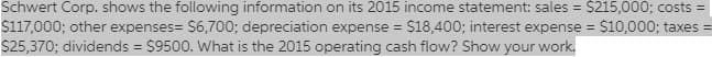 Schwert Corp. shows the following information on its 2015 income statement: sales = $215,000; costs =
$117,000; other expenses= $6,700; depreciation expense = $18,400; interest expense = $10,000; taxes =
$25,370; dividends = $9500. What is the 2015 operating cash flow? Show your work.
%3!
%3D
