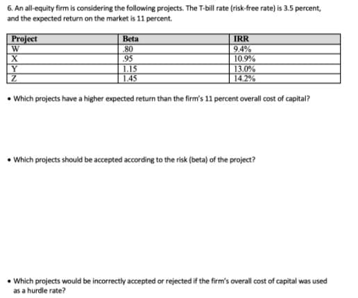 6. An all-equity firm is considering the following projects. The T-bill rate (risk-free rate) is 3.5 percent,
and the expected return on the market is 11 percent.
Project
Beta
IRR
9.4%
10.9%
W
80
X
.95
1.15
1.45
Y
13.0%
14.2%
• Which projects have a higher expected return than the firm's 11 percent overall cost of capital?
• Which projects should be accepted according to the risk (beta) of the project?
• Which projects would be incorrectly accepted or rejected if the firm's overall cost of capital was used
as a hurdle rate?
