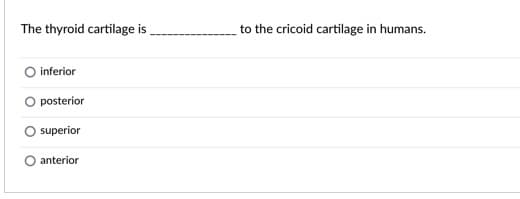 The thyroid cartilage is
to the cricoid cartilage in humans.
inferior
O posterior
superior
anterior
