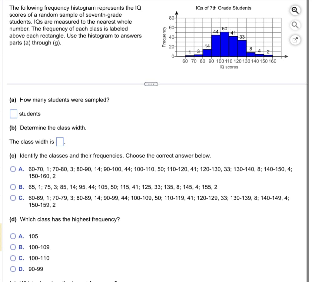 The following frequency histogram represents the IQ
scores of a random sample of seventh-grade
students. IQs are measured to the nearest whole
number. The frequency of each class is labeled
above each rectangle. Use the histogram to answers
parts (a) through (g).
(a) How many students were sampled?
students
(b) Determine the class width.
The class width is
Frequency
A. 105
B. 100-109
C. 100-110
D. 90-99
80+
60-
40-
20-
IQs of 7th Grade Students
14
50
44 41
33
8
1 3
42
60 70 80 90 100 110 120 130 140 150 160
IQ scores
(c) Identify the classes and their frequencies. Choose the correct answer below.
O A. 60-70, 1; 70-80, 3; 80-90, 14; 90-100, 44; 100-110, 50; 110-120, 41; 120-130, 33; 130-140, 8; 140-150, 4;
150-160, 2
B.
65, 1; 75, 3; 85, 14; 95, 44; 105, 50; 115, 41; 125, 33; 135, 8; 145, 4; 155, 2
C. 60-69, 1; 70-79, 3; 80-89, 14; 90-99, 44; 100-109, 50; 110-119, 41; 120-129, 33; 130-139, 8; 140-149, 4;
150-159, 2
(d) Which class has the highest frequency?