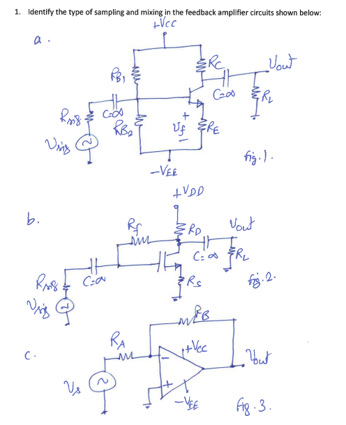 1. Identify the type of sampling and mixing in the feedback amplifier circuits shown below:
+Vcc
a.
b.
Visig
Rag & C=a
Visz
C-
Ring & Co
RB₂
RBI
وله
www
Rf
sim
ML
+
Uf
-VEE
ERC.
+VDD
ERE
ERD.
- VEE
Coo
C=∞
{Rs
M&B
++ Vec
Vout
fig.).
Nout
FR₂
fig.2.
Yout
Fig. 3.