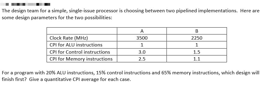 The design team for a simple, single-issue processor is choosing between two pipelined implementations. Here are
some design parameters for the two possibilities:
A
B
Clock Rate (MHz)
3500
2250
1
1
CPI for ALU instructions
CPI for Control instructions
CPI for Memory instructions
3.0
1.5
2.5
1.1
For a program with 20% ALU instructions, 15% control instructions and 65% memory instructions, which design will
finish first? Give a quantitative CPI average for each case.