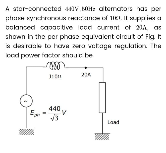 A star-connected 440V, 50Hz alternators has per
phase synchronous reactance of 100. It supplies a
balanced capacitive load current of 20A, as
shown in the per phase equivalent circuit of Fig. It
is desirable to have zero voltage regulation. The
load power factor should be
von
J1022
Eph
=
440
√√3
·V
20A
Load