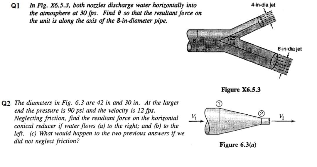 In Fig. X6.5.3, both nozzles discharge water horizontally into
the atmosphere at 30 fps. Find 0 so that the resultant force on
the unit is along the axis of the 8-in-diameter pipe.
Q1
4-in-dia jet
6-in-dia jet
Figure X6.5.3
Q2 The diameters in Fig. 6.3 are 42 in and 30 in. At the targer
end the pressure is 90 psi and the velocity is 12 fps.
Neglecting friction, find the resultant force on the horizontal
conical reducer if water flows (a) to the right; and (b) to the
left. (c) What would happen to the two previous answers if we
did not neglect friction?
V2
Figure 6.3(a)
