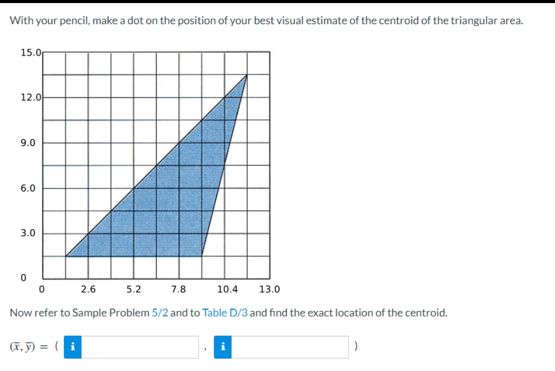 With your pencil, make a dot on the position of your best visual estimate of the centroid of the triangular area.
15.0
12.0
9.0
6.0
3.0
0
0
2.6
(x, y) = (i
5.2
7.8
10.4 13.0
Now refer to Sample Problem 5/2 and to Table D/3 and find the exact location of the centroid.
i