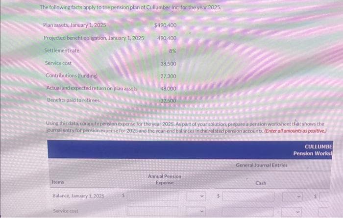 The following facts apply to the pension plan of Cullumber Inc. for the year 2025.
Plan assets, January 1, 2025
Projected benefit obligation, January 1, 2025
Settlement rate
Service cost
Contributions (funding)
Actual and expected return on plan assets
Benefits paid to retirees
Items
Balance, January 1, 2025
$490,400
490,400
Using this data, compute pension expense for the year 2025. As part of your solution, prepare a perision worksheet that shows the
journal entry for pension expense for 2025 and the year-end balances in the related pension accounts. (Enter all amounts as positive)
Service cost
8%
38,500
27,300
48.000
32.500
Annual Pension
Expense
General Journal Entries
Cash
CULLUMBE
Pension Works!