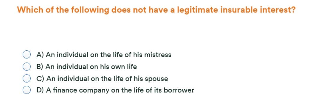 Which of the following does not have a legitimate insurable interest?
A) An individual on the life of his mistress
B) An individual on his own life
C) An individual on the life of his spouse
D) A finance company on the life of its borrower
