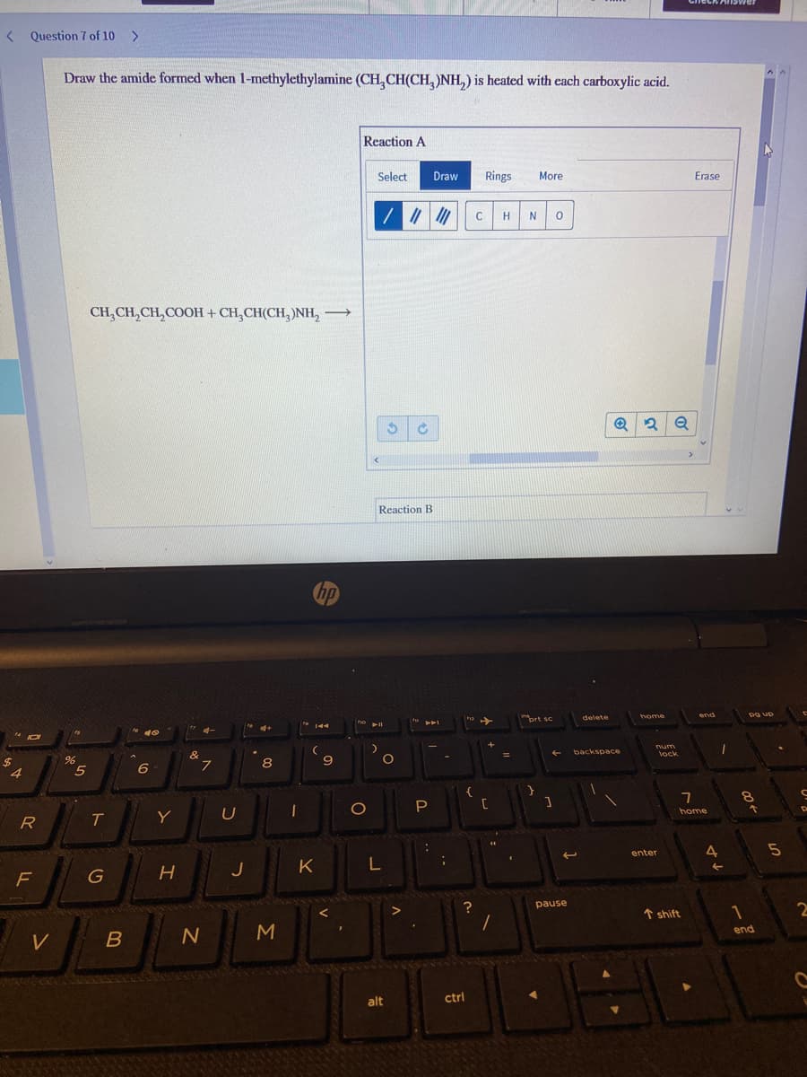Check AlISwer
< Question 7 of 10
Draw the amide formed when 1-methylethylamine (CH, CH(CH, )NH,) is heated with each carboxylic acid.
Reaction A
Select
Draw
Rings
More
Erase
C
H
CH,CH,CH,COOH + CH,CH(CH, )NH,
Reaction B
hp
end
ort sc
delete
bome
144
num
Jock
backspace
&
24
4
8
T.
Y
U
home
R
enter
4.
J
L
F
pause
↑ shift
1
end
V
N
alt
ctrl
