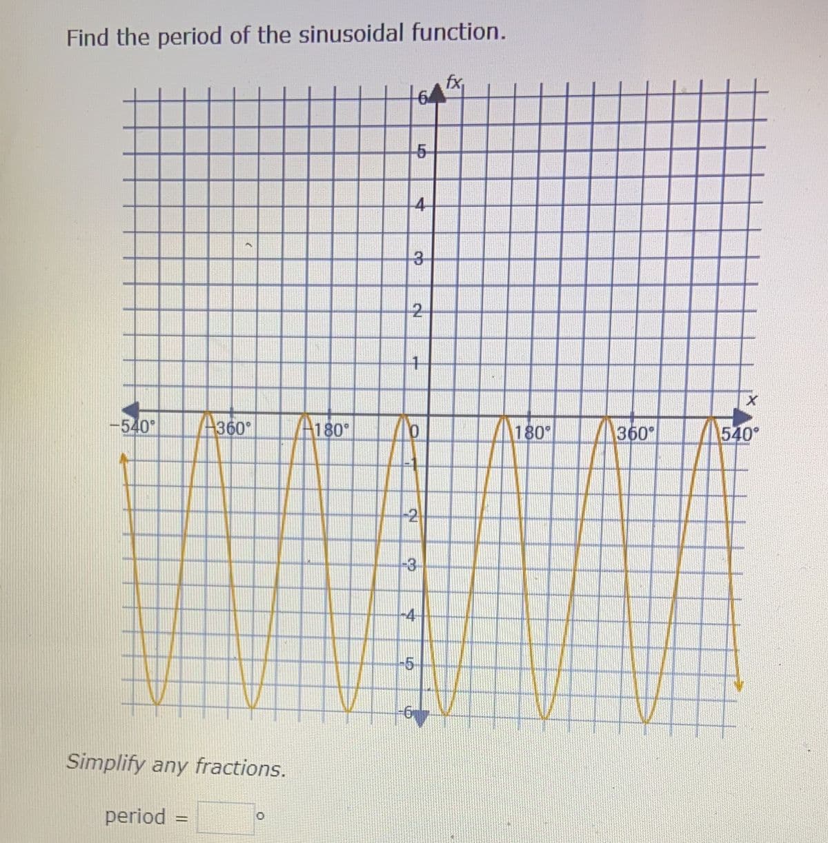 Find the period of the sinusoidal function.
fx
64
15-
4
2-
-540°
A360°
A180
180°
360
540°
-2
-3
-4-
-5-
Simplify any fractions.
period
%3D
