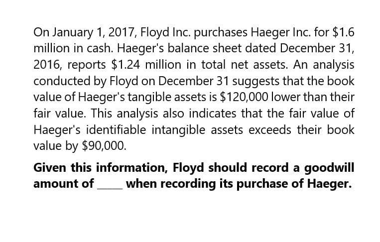 On January 1, 2017, Floyd Inc. purchases Haeger Inc. for $1.6
million in cash. Haeger's balance sheet dated December 31,
2016, reports $1.24 million in total net assets. An analysis
conducted by Floyd on December 31 suggests that the book
value of Haeger's tangible assets is $120,000 lower than their
fair value. This analysis also indicates that the fair value of
Haeger's identifiable intangible assets exceeds their book
value by $90,000.
Given this information, Floyd should record a goodwill
amount of when recording its purchase of Haeger.