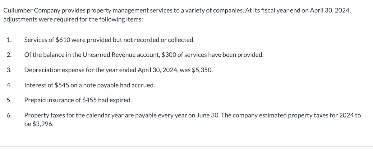 Cullumber Company provides property management services to a variety of companies. At its fiscal year end on April 30, 2024,
adjustments were required for the following items:
1. Services of $610 were provided but not recorded or collected.
2.
Of the balance in the Unearned Revenue account, $300 of services have been provided.
3.
Depreciation expense for the year ended April 30, 2024, was $5,350.
4.
Interest of $545 on a note payable had accrued.
5.
Prepaid insurance of $455 had expired.
6.
Property taxes for the calendar year are payable every year on June 30. The company estimated property taxes for 2024 to
be $3,996.