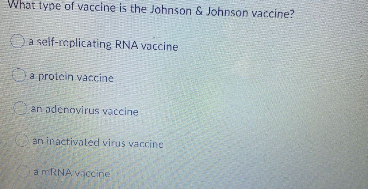 What type of vaccine is the Johnson & Johnson vaccine?
a self-replicating RNA vaccine
a protein vaccine
an adenovirus vaccine
an inactivated virus vaccine
a MRNA vaccine
